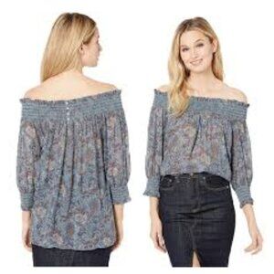 FRYE Peasant Blouse Top Smocked Neckline Floral Print Boho Puff Sleeve size S